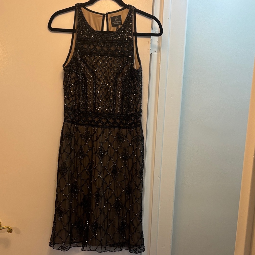Adrianna Papell Black Beaded Illusion Midi Dress